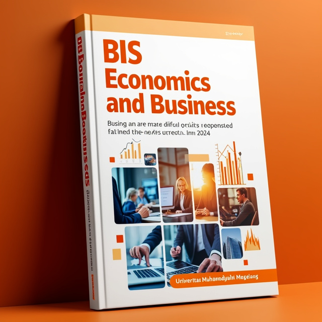 The cover features a vibrant orange background with a modern twist. The main focus is on a dynamic collage of economic and business activities representing the latest trends in 2024. This includes images of people working in offices, graphs and charts, and digital devices. The collage is strategically arranged to create a sense of movement and energy.