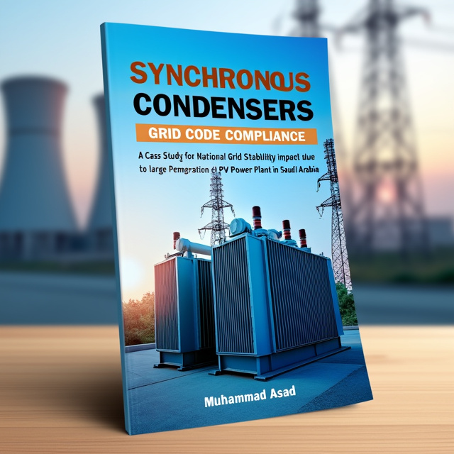 The cover features an image of a synchronous condenser in the foreground, with a blurred background of a power plant in Saudi Arabia. The condenser is depicted in a vibrant blue color, symbolizing electrical power. The power plant in the background is subtly visible, representing the large penetration of PV power plants in Saudi Arabia.