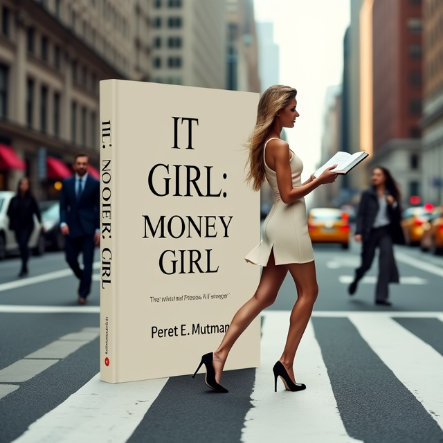 An elegant lady wearing a cream-colored dress and high-heeled stilettos is captured in motion while reading a book. She is crossing a busy city street, and the cars have stopped to let her pass. The background is filled with tall buildings and people looking at her with admiration.