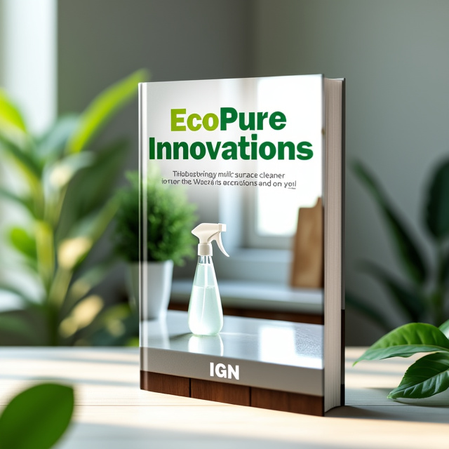 The cover features a close-up image of a sparkling clean kitchen counter, with a spray bottle of EcoPure Multi-Surface Cleaner prominently displayed. Surrounding the image are subtle, leafy green accents, symbolizing eco-friendliness and sustainability.