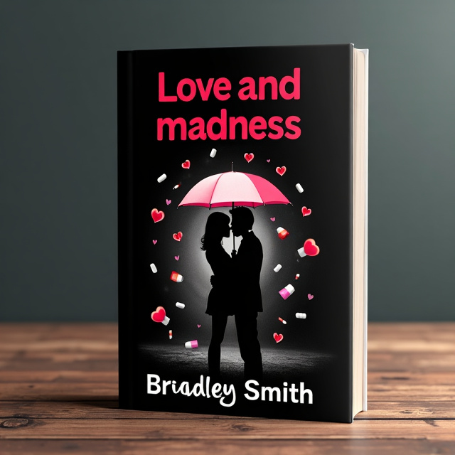 The cover features a black background with a silhouette of a man and a woman embraced under an umbrella in the center. Prescription pills and love hearts are falling down around them, representing the themes of mental health and love in the book.