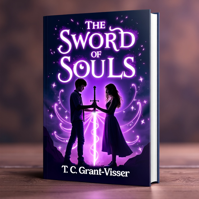 The cover features a teenage male with black hair and a teenage female with brown hair standing side by side, holding a crystal sword together. They are surrounded by swirling purple energy, symbolizing the urgency and magical elements of the story.