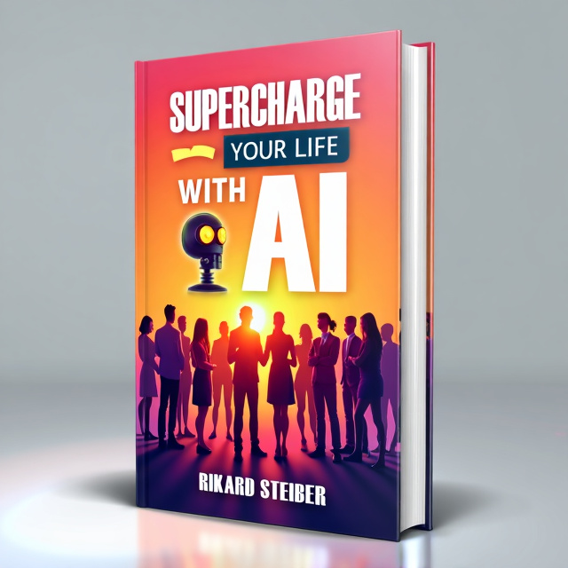 The cover features a vibrant image of a diverse group of people standing together, symbolizing unity and collaboration. Overlaying the image is an illustration of a futuristic AI robot, representing the theme of artificial intelligence. The background is a gradient of bright colors, creating a sense of energy and excitement.