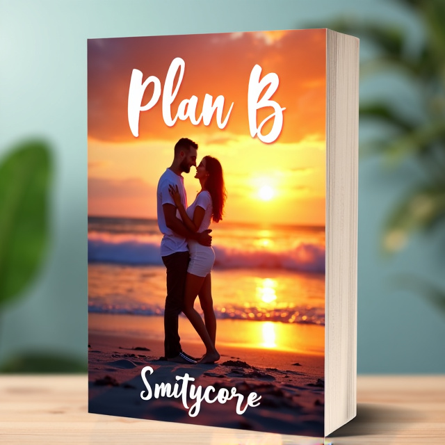 standing book mockup, Its title is "PLAN B". Its author name is Smitycore.  The cover features a joyful couple standing on a beach with a sunset in the background. They are embracing each other, radiating happiness and love. The colors are warm and vibrant, creating a sense of romance and positivity. The title "PLAN B" is written in an elegant and playful script font, reflecting the romance genre. The author name "Smitycore" is displayed in a clean and modern sans-serif font, ensuring legibility and professionalism., The couple is positioned in the center of the cover, with the title placed above them and the author name below. This layout creates a balanced and harmonious composition.
