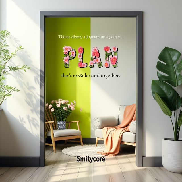 The cover features two rooms, divided by a central doorway. The room on the left is decorated with vibrant lime green walls and filled with an abundance of flowers, representing happiness and new beginnings. The room on the right is more serene, with white walls and a cozy reading nook, symbolizing romance and comfort. The central doorway acts as a bridge between the two themes, representing the journey the characters will embark on together.