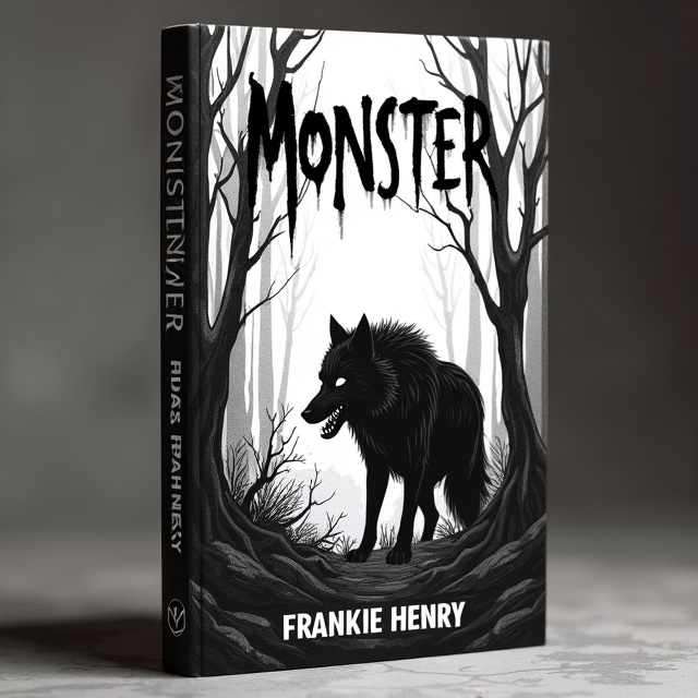 The cover features a black and white sketch of a dense forest, with twisted trees and a dead bush in the foreground. Emerging from the bush is a black wolf with pale white eyes, snarling menacingly. The sketch has an old, weathered look, adding to the creepy and unsettling atmosphere.