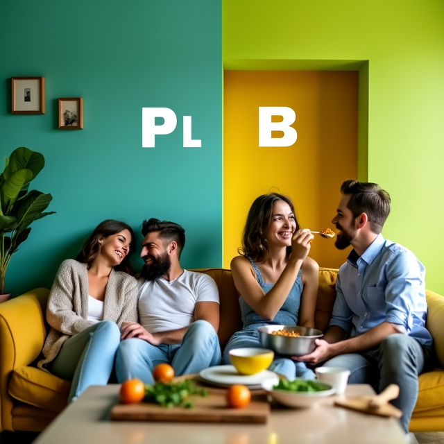A split-screen layout with two rooms side by side. In the left room, a couple is sitting on a cozy couch, laughing and enjoying each other's company. In the right room, another couple is cooking together, with the woman playfully feeding the man a spoonful of food. The rooms are connected by a vibrant lime green wall with a doorway in the middle.