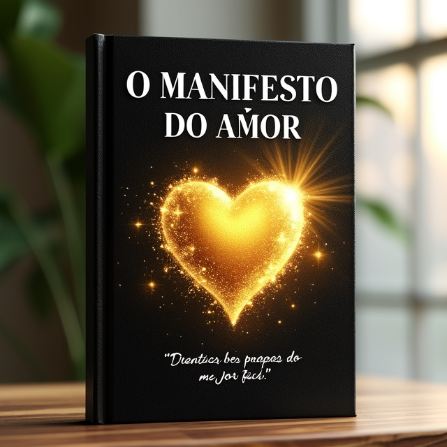 The cover will feature a central image of a golden heart radiating with light and surrounded by delicate black leather texture. The title "O Manifesto do Amor" will be prominently displayed in bold white letters on the top half of the cover, with a subtle gradient effect that blends into the golden heart. The bottom half will include a motivational quote in elegant cursive font, also in white, against the black leather background.