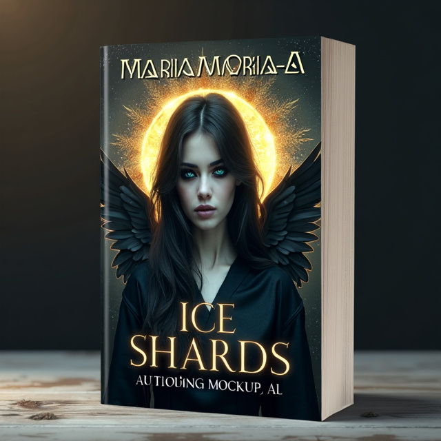 The cover features a dark and haunting background with a golden halo shining behind it. In the center, a mysterious female figure with sandy and black hair is depicted, her eyes completely black and captivating. She has wings with mixed colors of black and white, adding to the enigmatic atmosphere.