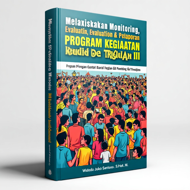 A vibrant and colorful illustration featuring a diverse group of people engaged in various activities related to monitoring, evaluation, and reporting. The illustration is centered and fills the majority of the cover, creating a dynamic and energetic feel.