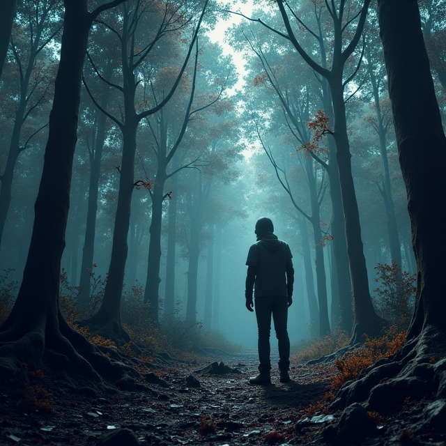 The cover features a dense and mysterious forest with towering trees and dark shadows. In the foreground, there is a lone figure, symbolizing the protagonist's journey through darkness. Blood splatters and subtle hints of warfare are scattered throughout the scene, emphasizing the action and adventure aspect of the book.