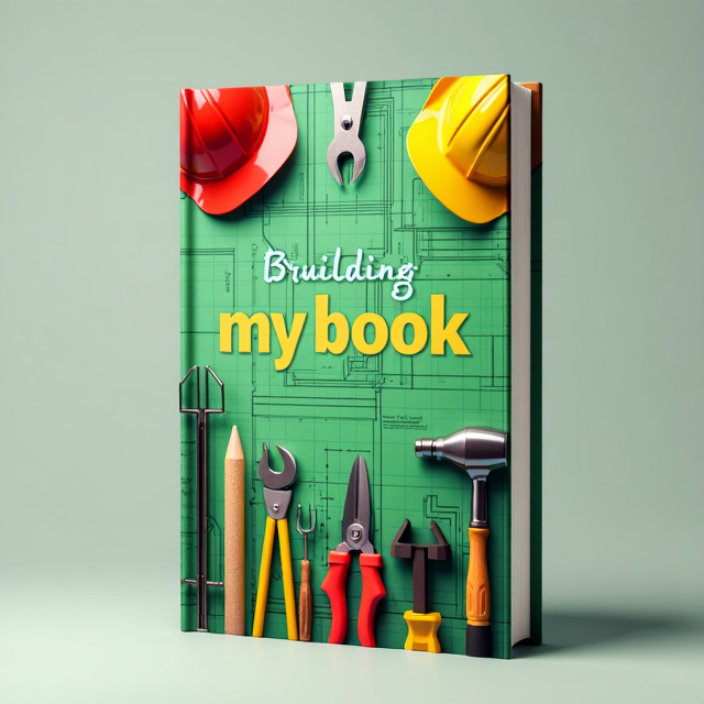 The cover features a green and red color scheme, symbolizing growth and urgency. The central element of the cover is an abstract construction blueprint, representing the book's focus on project management and construction. The blueprint is surrounded by various tools and equipment commonly used in construction projects, creating a sense of authenticity and expertise.