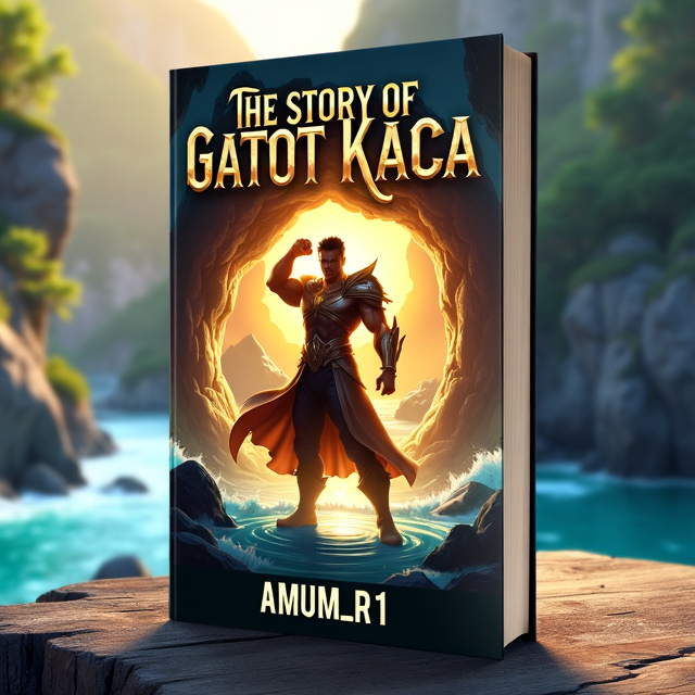 The cover features the protagonist, Gatot Kaca, in a powerful and dynamic pose, surrounded by golden light. The background depicts a scenic view of the Land of Dawn from the popular game Mobile Legends, with blue water flowing beneath.