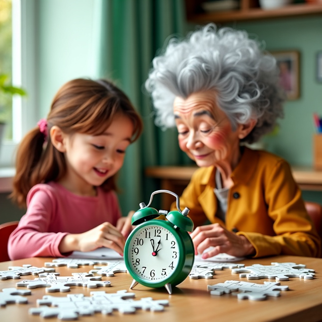 A 15 year old brown-haired girl sitting beside her 90 year old curly grey-haired grandmother at a table, both engaged in doing puzzles. A green travel pocket clock, which can flip open, is prominently placed on the table.