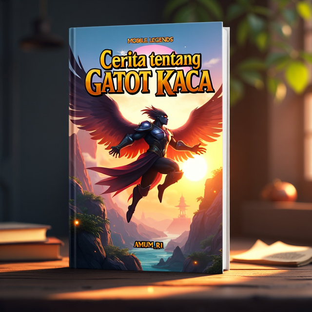 The cover features a powerful and mighty hero, GatotKaca, flying in the Land of Dawn from the game Mobile Legend. The hero is depicted in a brave pose, showing his strength and courage. The background is filled with vibrant colors and magical elements, representing the magical realism genre.