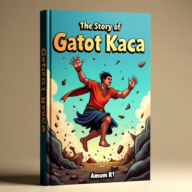 The cover depicts the character of Gatot Kaca mid-flight, with both hands smashing into the earth. The background shows signs of destruction, highlighting the character's power and might. The character is illustrated in a wayang style, combining traditional elements with a modern twist.