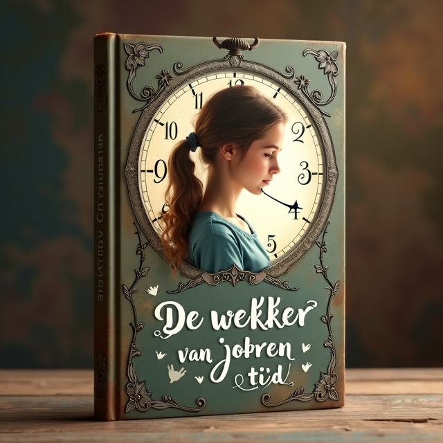 The cover features a 15-year-old girl with brown hair in a loose ponytail in the center, surrounded by a vintage travel clock. The girl's hair flows into the hands of the clock, symbolizing the connection between time and her life. The clock is intertwined with the grandmother's wrinkles, forming patterns connected to the numbers on the dial. The overall style is dreamy, mysterious, and warm, with soft colors that represent both youth and old age.