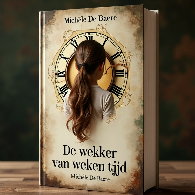 The cover features a 15-year-old girl with brown hair in a loose ponytail in the center, surrounded by a vintage travel clock. The girl's hair flows into the hands of the clock, symbolizing the connection between time and her life. The clock is intertwined with the grandmother's wrinkles, forming patterns connected to the numbers on the dial. The overall style is dreamy, mysterious, and warm, with soft colors that represent both youth and old age.