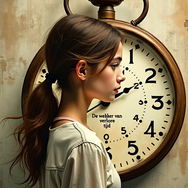 The cover features a 15-year-old girl with brown hair in a loose ponytail in the center, surrounded by a vintage travel clock. The girl's hair flows into the hands of the clock, symbolizing the connection between time and her life. The clock is intertwined with the grandmother's wrinkles, forming patterns connected to the numbers on the dial. The overall style is dreamy, mysterious, and warm, with soft colors that represent both youth and old age.