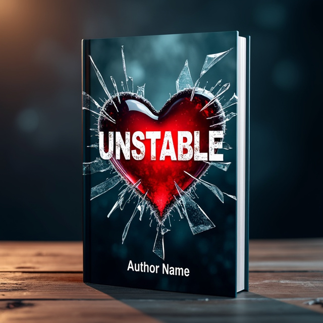The cover features a heart-shaped cracked glass symbolizing a broken heart. The shards of glass are scattered around the title "Unstable", creating a sense of chaos and instability. The background is dark and moody, adding to the atmosphere of heartbreak.