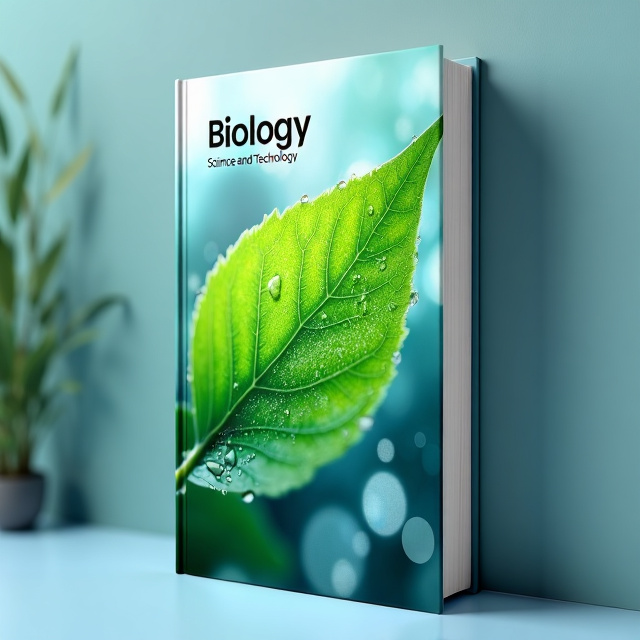 The cover features a close-up image of a vibrant green leaf with water droplets, symbolizing life and the study of biology. The leaf is positioned diagonally across the cover, creating dynamic movement. The background is a soft gradient of blue and white, representing the scientific and technological aspect of biology.