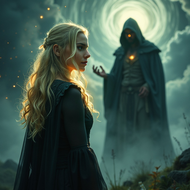 The cover depicts Elizabeth standing at the forefront, her blonde hair glowing softly in contrast to the dark, misty surroundings. She faces slightly away from the viewer, exuding both strength and vulnerability, with her hand reaching out toward something unseen. In the background, looming behind her in shadow, stands Elian, the dark-haired magician, partially obscured by swirling mist or magical energy, his eyes glowing faintly, hinting at his power and mystery. Subtle magical symbols or runes glow faintly in the air, hinting at the curse that binds them. The scene is set in a dark, mystical forest or the edge of a crumbling ancient tower, with fading light casting a haunting glow. The sky above is overcast, with swirls of magical light breaking through the clouds, creating a contrast between light and darkness.