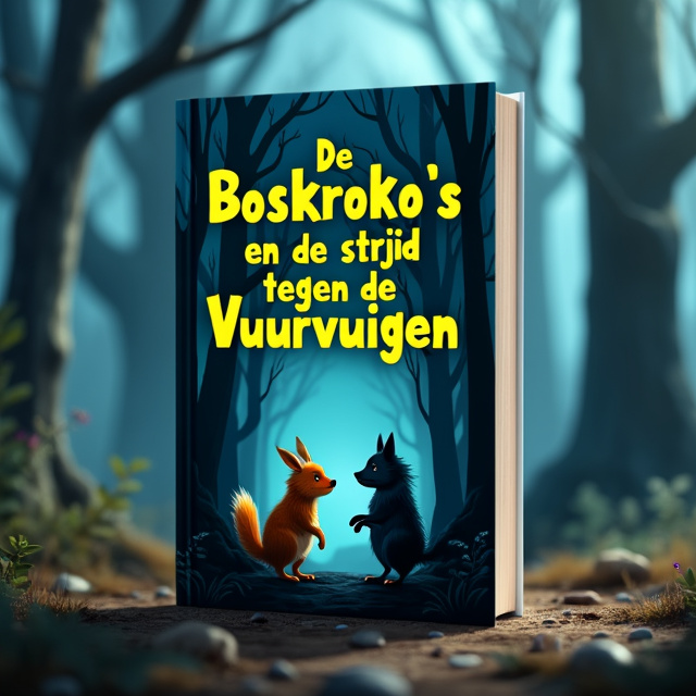 The cover features a dark and mysterious forest as the background, with trees reaching towards the sky and a hint of fog adding to the sense of mystery. In the foreground, two fantasy animals, a Boskroko and a Vuurvuig, are facing each other in a confrontational stance, representing the conflict in the story.