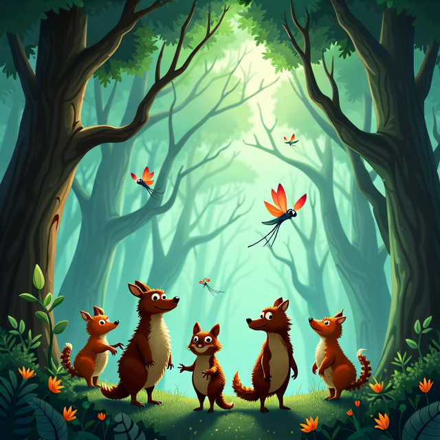 The cover depicts a group of friendly creatures standing in a mysterious big forest. The creatures include those with tree bark-like skin and long tails resembling crocodiles, small furry white creatures resembling minks, dragonfly-like creatures with beautiful shining wings, sturdy creatures resembling elephants but without trunks, and graceful flying creatures resembling birds of paradise. In the distance, vicious creatures made of coal, smoke, and flames are approaching.