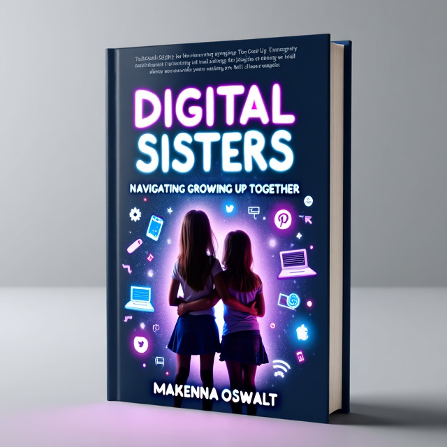 The cover features two young girls standing side by side, with their arms around each other. The background is a mix of dark blue and bright purple, representing the digital world. The girls are surrounded by various technology icons and symbols, such as smartphones, laptops, and social media logos.