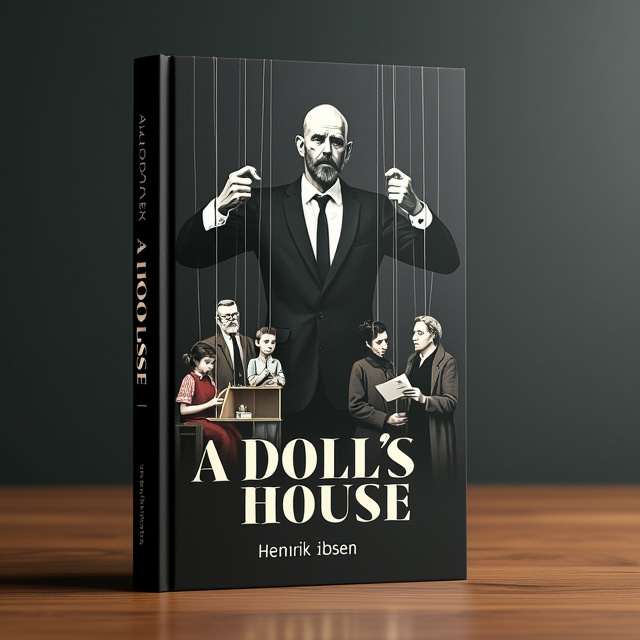 The cover features a black background, symbolizing the dark and intense atmosphere of the book. In the center, Torvald is depicted with strings attached to his limbs, representing how he controls and manipulates those around him like a puppeteer. Inside a dollhouse, Nora is seen playing with the children, who are hiding at the back of the house, symbolizing the game of hide and seek and the facade of their perfect family. On the other side of the wall, Dr. Rank is shown in a saddened pose, while Christine and Krogstad are depicted conversing, with Krogstad holding a letter in his hand, representing the conflicts and secrets within the story.