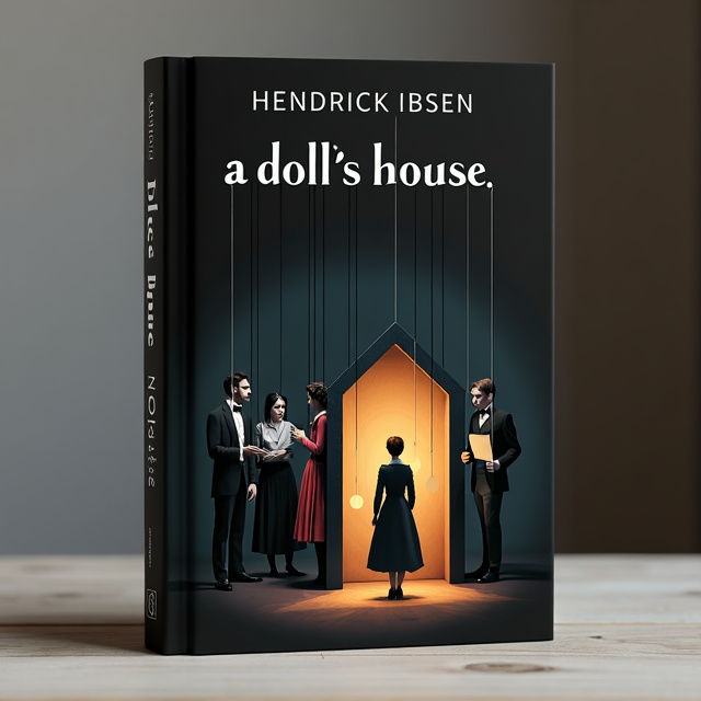 The cover features a black background with Torvald standing in front, attached to puppet strings, reaching into a dollhouse. Nora is depicted inside the dollhouse, while Dr Rank is shown hiding behind the dollhouse wall, looking saddened. Christine is portrayed behind the dollhouse, engaged in conversation with Krogstad, who is holding a letter and looking at Christine in awe.