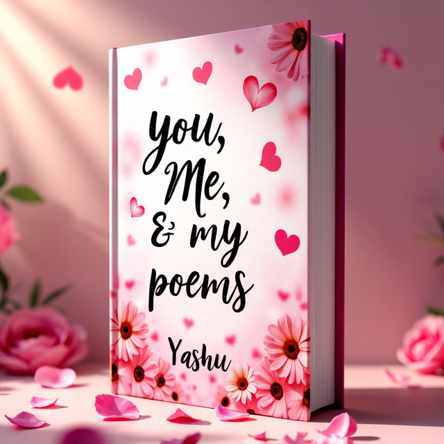 The cover features a pink and white blended background, symbolizing sweetness and innocence. Falling petals of daisies and kisses create a romantic atmosphere. The title "you, me & my poems" is placed in the center, with hearts intertwined in the typography.