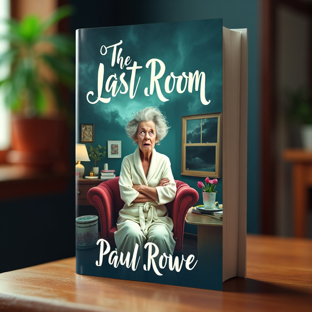The cover features an elderly woman, Grace, in the center of the design. She is depicted in a small, cluttered room, wrapped in a bathrobe with disheveled hair. She has a frustrated yet amused expression on her face. The room is cozy, filled with various objects and furniture, creating a sense of comfort and warmth. Outside the room, there is a stormy weather, contrasting with the peacefulness inside.
