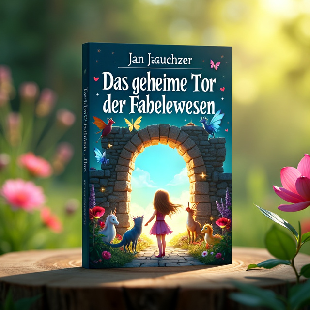 The cover features a magical portal in the center, surrounded by blooming flowers and colorful fantasy creatures like dragons, fairies, and unicorns. Juna, the main character, stands next to the portal, reaching out towards it with curious, sparkling eyes. Soft sunlight bathes the scene, and in the background, a lush garden with vibrant green colors fades into mystery.