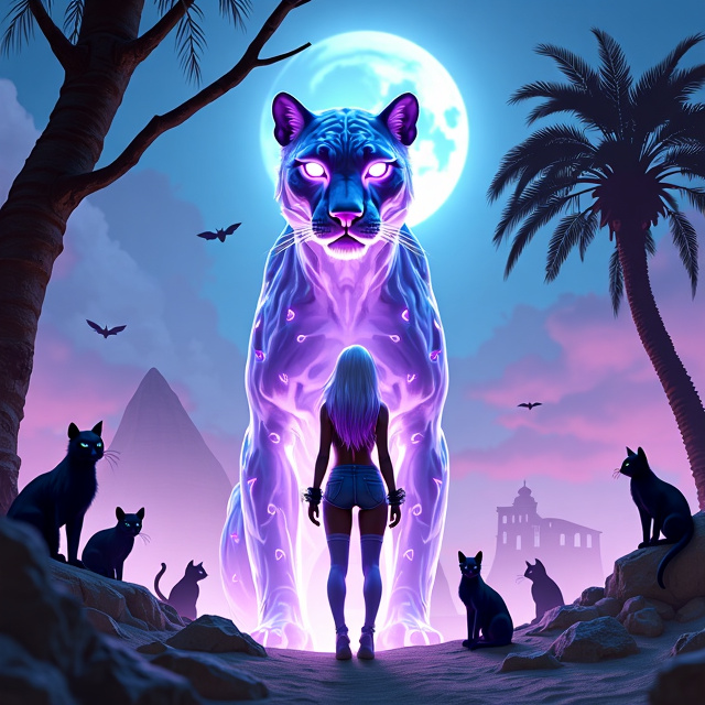 The cover features a large hollow transparent panther standing in a dystopian desert landscape at dusk. In front of the panther stands an African American female teen with white hair and purple ends, wearing silver and purple modern-style assassin gear. Surrounding them are various jungle cats of different species perched on trees. The atmosphere is reminiscent of the Egyptian afterlife, with Egyptian and Norse symbols glowing in the background. The book title is spelled out in Nordic letters.