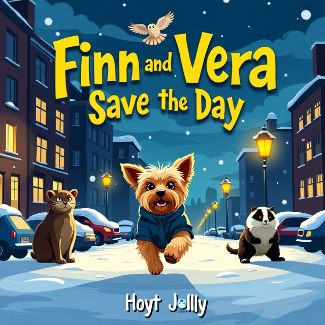 A young Yorkshire Terrier happily running down a snow-covered sidewalk at night, with a grumpy cat trailing behind. In the distance, a friendly old badger stands, while an owl gracefully flies overhead. The street is lined with residential flats, streetlights, and cars. The night sky is dark and ominous, but the snow on the ground and the cheerful expressions of the animals bring a sense of plucky enthusiasm.