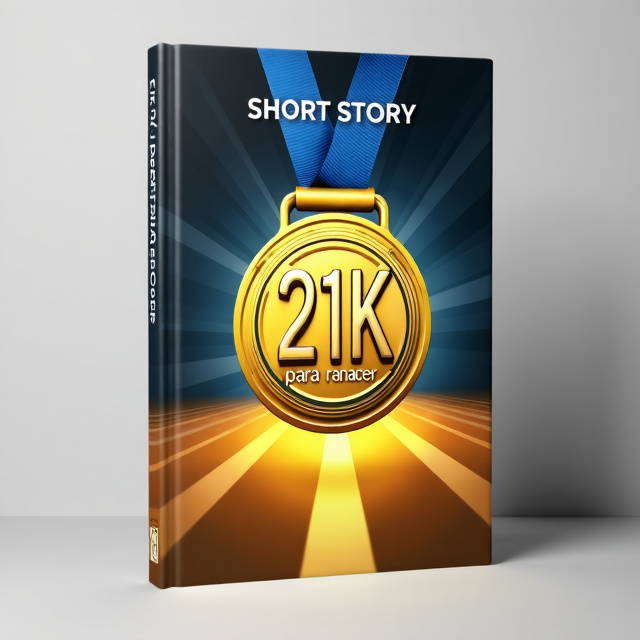 The cover features a close-up image of a gold medal with the number "21K" engraved on it. The medal is placed on a background that transitions from a dark blue color at the top to a vibrant yellow at the bottom, symbolizing the journey of the protagonist. Rays of light emanate from behind the medal, creating a sense of hope and accomplishment.