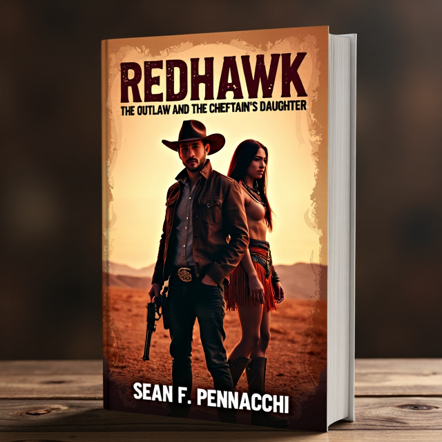 A photorealistic image of an outlaw with red hair standing against a desert landscape. He is wearing a cowboy hat and holding a revolver. Behind him stands a Native American woman in traditional attire, with a powerful and determined expression on her face. The overall tone is dark and gritty, representing the Western genre.