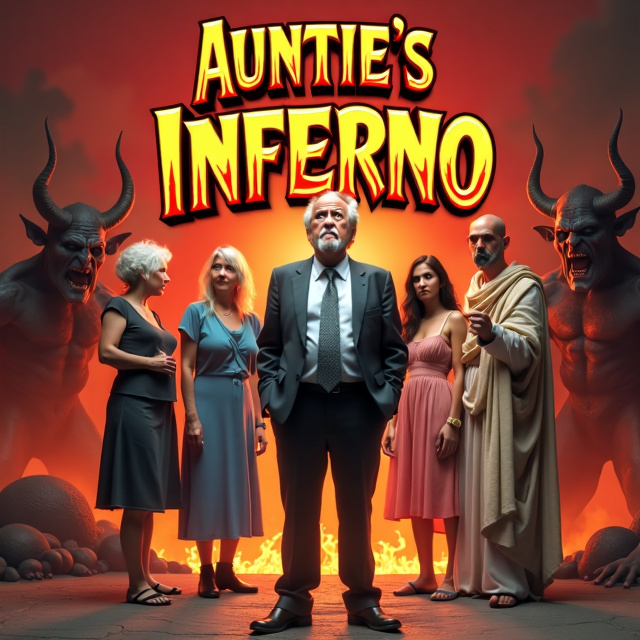 A worried looking shabby man in a business suit is standing in the center, with a 60-year-old woman on his left, a hippy woman on his right, and a Roman senator wearing a toga behind him. Demons in hell are depicted in the background.