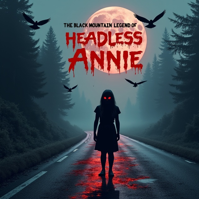 The cover features a menacing, evil girl standing at the center, stopping a car on a mountain road in dense fog. The girl's face is hidden in shadow, with only her glowing red eyes visible. Crows are flying overhead, silhouetted against the full moon in the background. The overall color scheme is dark and eerie, with shades of black, gray, and red.