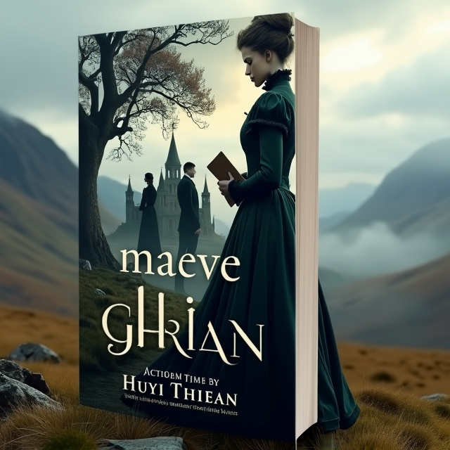 The cover features Maeve Ghrian standing confidently in the foreground, wearing a Victorian-era dress with subtle modern touches. She holds a notebook or blueprint, symbolizing her transition from real estate to education. Behind her, there are two or three shadowy figures of students or staff members, representing the individuals she will recruit and mentor. The Scottish Highlands dominate the background, with rolling hills, a cloudy sky, and mist clinging to the ground. The academy stands on a slight elevation amidst ancient oak trees or barren branches, adding to the gothic, atmospheric feel.