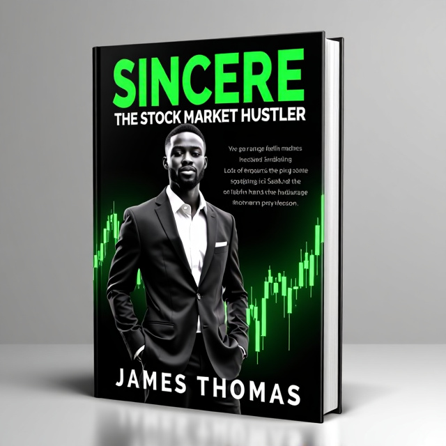 The cover features a powerful image of a young Black man in a suit, standing confidently with a backdrop of a stock market graph. The image is in black and white, with the stock market graph highlighted in vibrant green, representing the financial world. The title "Sincere The Stock Market Hustler" is displayed in bold and dynamic typography, with the word "Sincere" in green and "The Stock Market Hustler" in black. The author name "JAMES THOMAS" is placed at the bottom of the cover in a clean and professional font.