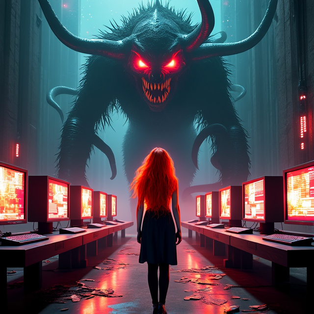 A woman with fiery red hair stands in the center of a dark room. Behind her are multiple computer screens, each displaying glitchy text and distorted images. In the background, a cosmic monster looms, its tentacles reaching towards the woman.