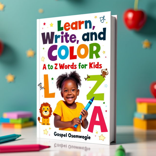 The cover features a vibrant and playful scene, with a mix of colorful letters from A to Z scattered across the page. Each letter is accompanied by a cute illustration of an object corresponding to that letter, such as a lion for "L" or an apple for "A". In the center of the cover, there is an image of a cheerful child holding a crayon and actively coloring one of the letters. The background includes light doodles and stars, adding a sense of fun and creativity.