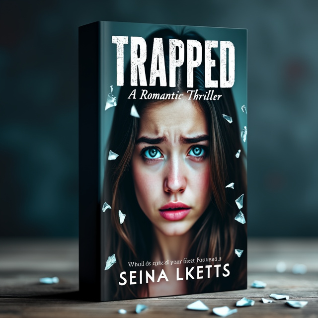 The cover features a close-up shot of a young woman with a pained expression on her face, her eyes filled with determination and a hint of sadness. Behind her, there are shattered glass fragments symbolizing betrayal. The background is dark and moody, adding to the suspenseful atmosphere of the romantic thriller genre.