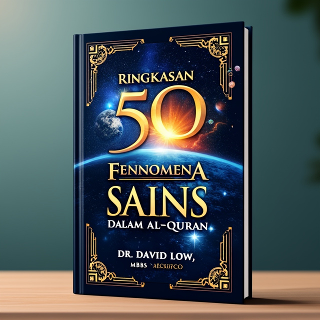 The cover design features a stunning visual composition with elements of the cosmos, galaxies, stars, Earth, and DNA strands symbolizing science. The elements are arranged in a dynamic and eye-catching way, creating a sense of awe and wonder. Subtle Islamic geometric patterns are incorporated throughout the design, adding depth and complexity.