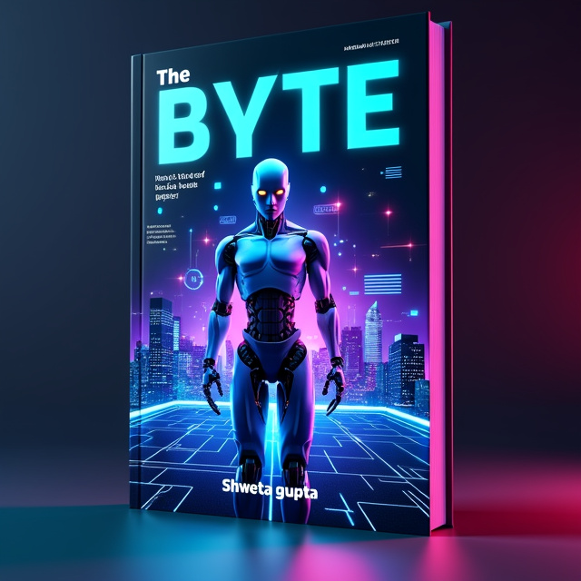 The cover features a sleek, robotic figure at the forefront, symbolizing the intersection of AI, robotics, and human progress. Surrounding the robot are floating digital elements like code snippets, holographic displays, and data streams, glowing in neon hues of blue, purple, and green against a dark, sleek background. In the background, a city skyline subtly integrated with circuit patterns and abstract tech shapes emphasizes themes of connectivity and advancement.
