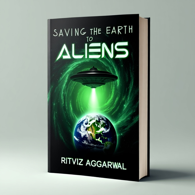The cover features a dark black background with a vibrant green spiral galaxy in the center. On the left side, a large alien spaceship is shown descending towards Earth. The Earth is depicted on the right side, with a glowing green aura around it.