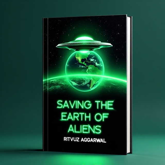 The cover features a black background with a vibrant green glow emanating from the center. In the middle, we see a detailed image of Earth, with a UFO hovering just above it. The UFO is depicted in a sleek, futuristic design, giving it an otherworldly appearance.
