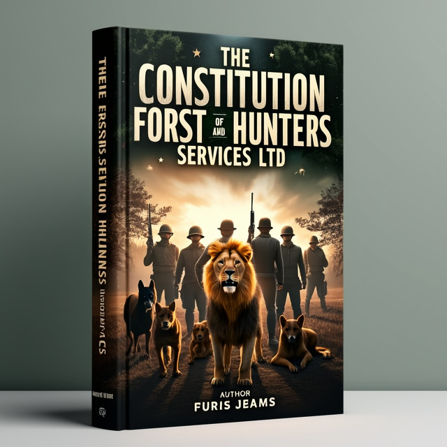 The cover features a dominant image of a group of hunters, paramilitary and guards, along with dogs and a lion. The imagery is bold and dynamic, capturing the essence of the book's theme. The title, "THE CONSTITUTION OF FOREST AND HUNTERS SERVICES LTD," is prominently displayed at the top of the cover, with a dark and gritty background that represents the security coverage genre.